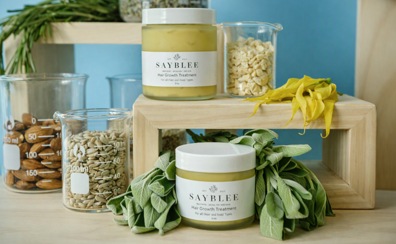 Two jars of SAYBLEE Hair Growth Treatment arranged on a wooden crate with botanical props, including green leaves and yellow flowers, alongside glass containers of seeds and almonds against a blue background.